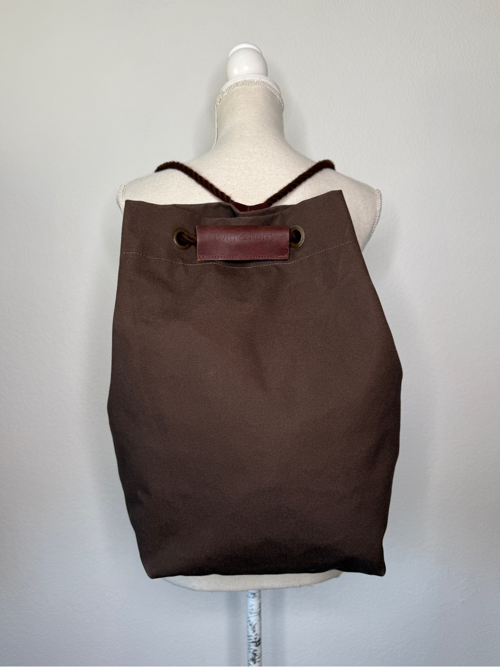 Twig & Horn Brown Canvas Drawstring Backpack Leather Accents USA Made OS